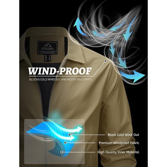 🆕 Men Khaki Lightweight Jacket Full Zip Golf Collar Windbreaker Casual Spring - Picture 3 of 7